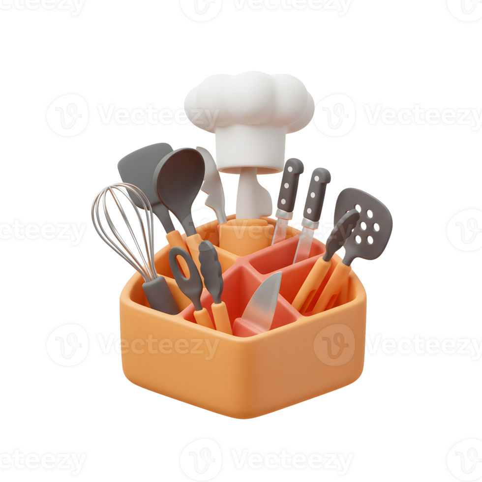 Kitchen utensil set including a chef hat, knives, spoons, and other tools are neatly organized in an orange holder, ready for culinary use. png