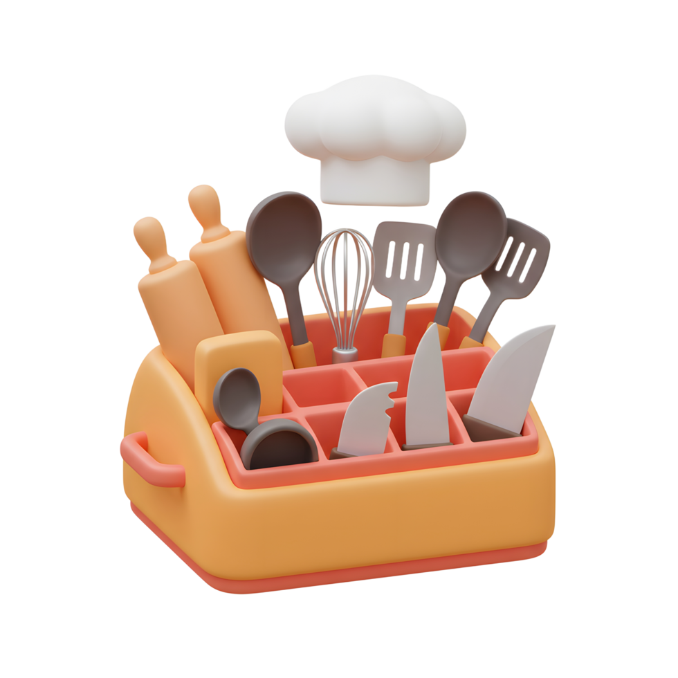 A collection of kitchen utensils including rolling pins, knives, spatulas, and a chef's hat are neatly organized in an orange holder, suggesting its use for cooking and baking tasks. png