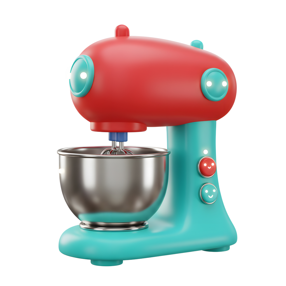 A colorful toy mixer with a metal bowl sits on a white surface, perfect for playful pretend cooking activities. png
