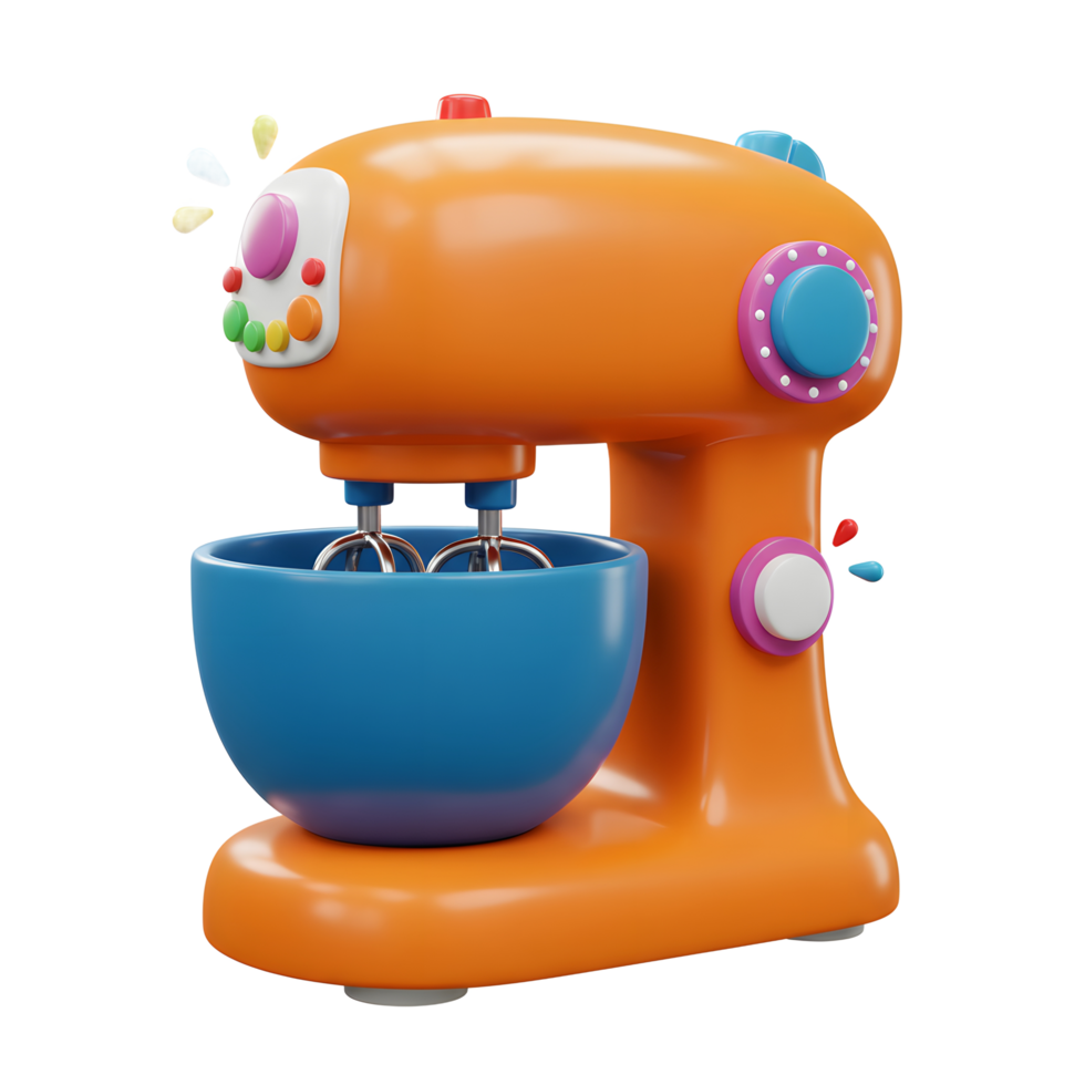 An orange stand mixer with a blue bowl and colorful buttons is displayed in a bright, cartoon style for food preparation. png