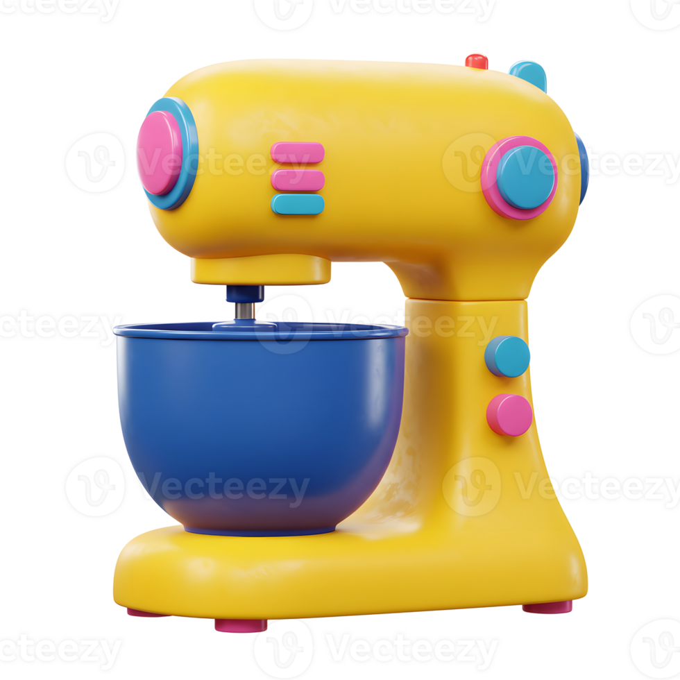 A yellow kitchen mixer with a blue bowl stands ready, perfect for baking and creating culinary delights. png
