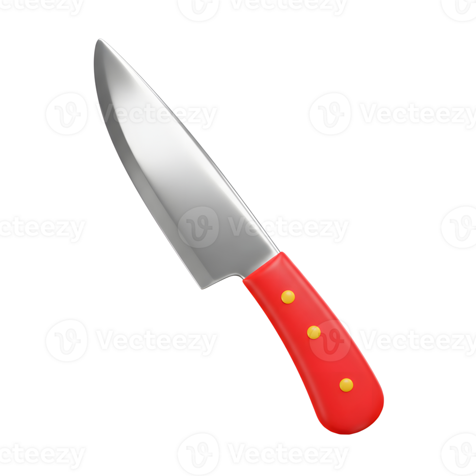 A sharp knife is presented with a red handle secured by golden pins, ideal for cutting and other kitchen tasks. png