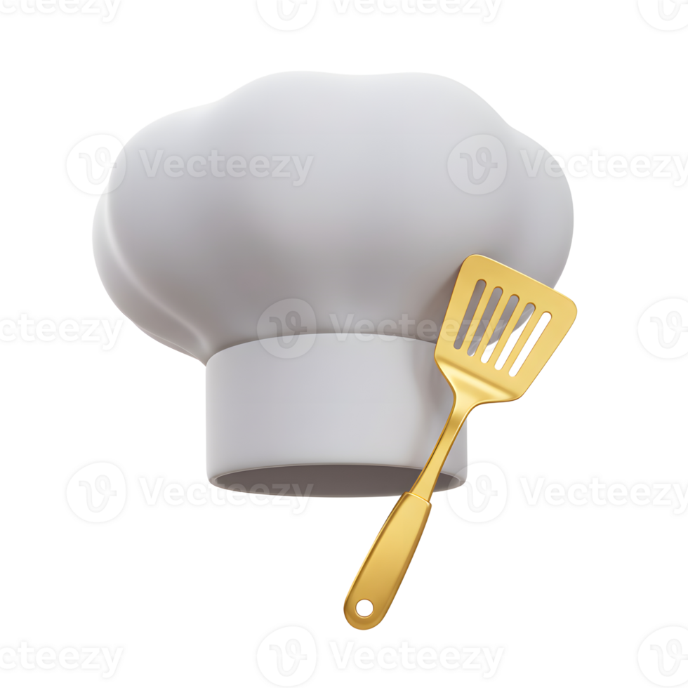 A white chef hat is pictured along with a gold spatula, which can be used for baking and cooking. png