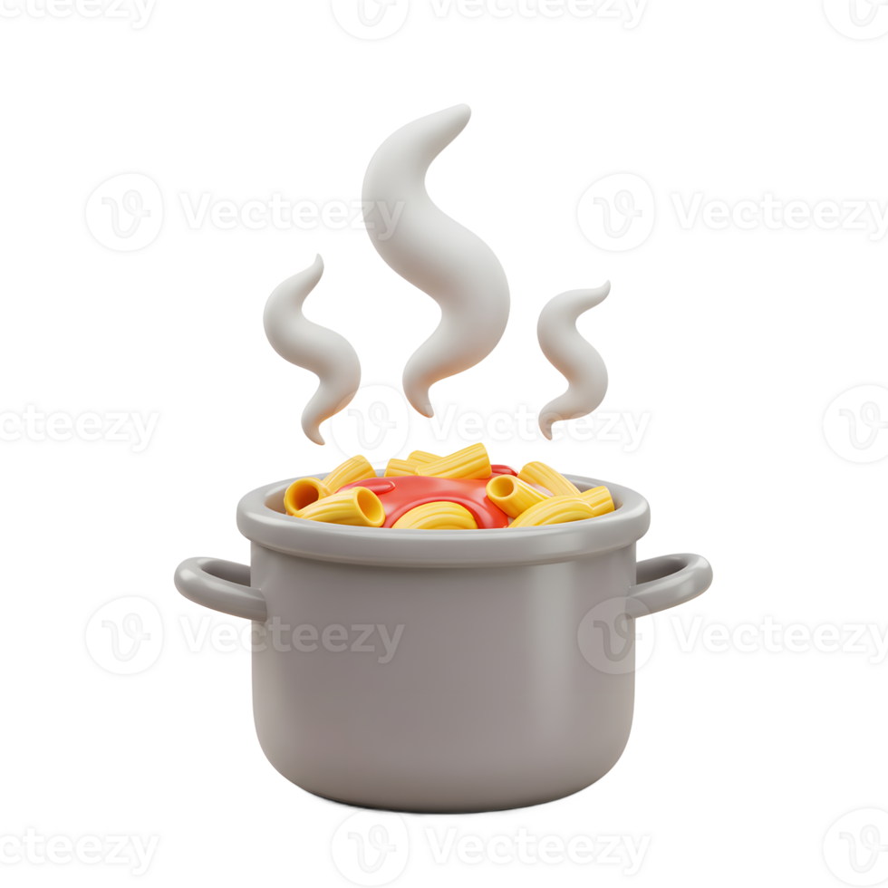 A grey pot filled with pasta and red sauce has steam rising from it, suggesting it's cooking or ready to serve for dinner. png