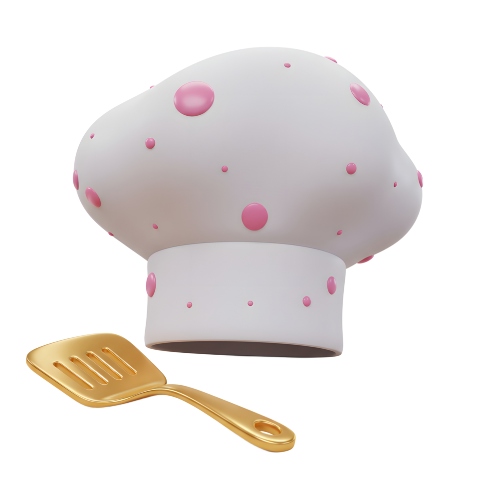 A chef hat with pink dots sits next to a gold spatula, commonly used for cooking. png