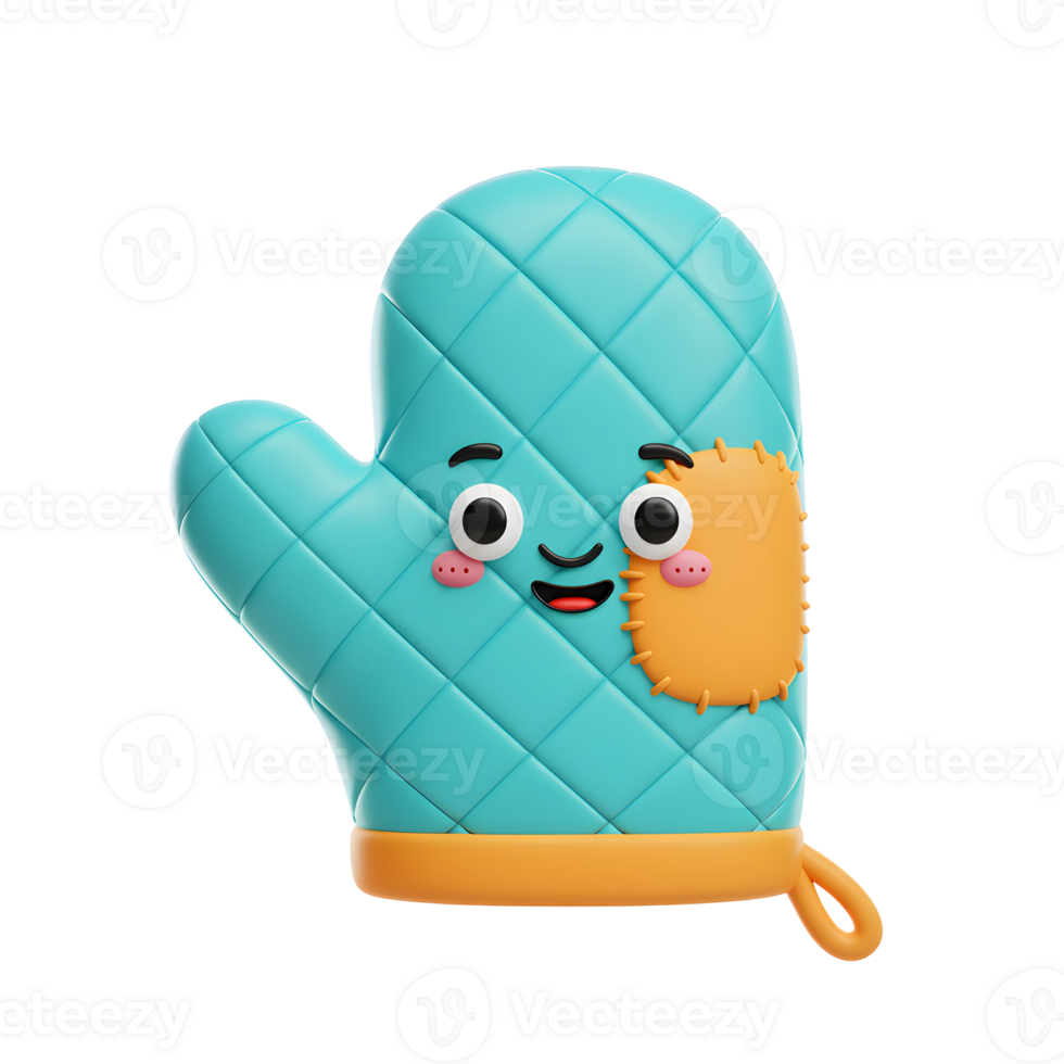 A cartoon style blue oven mitt with a face and a patch adds a touch of whimsy and protects your hands from heat. png