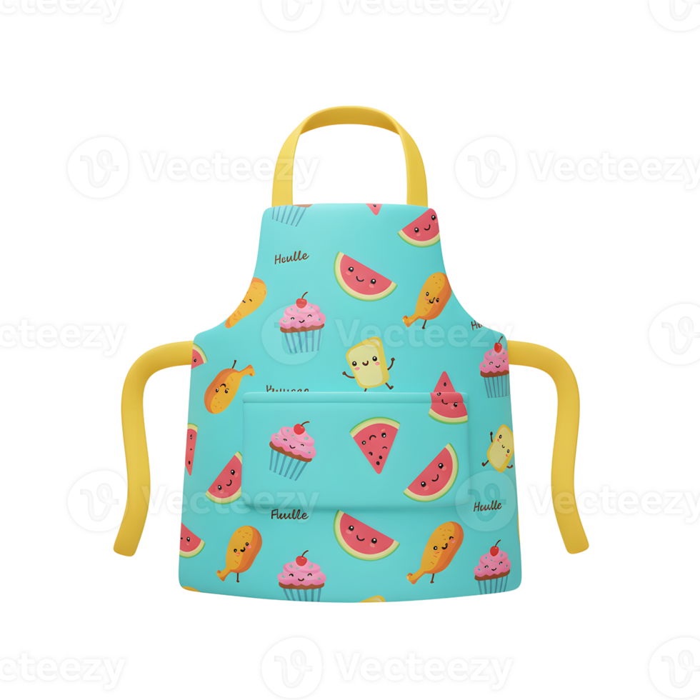 A turquoise apron with cartoon food patterns, yellow straps, and a pocket is ideal for cooking and baking activities. png