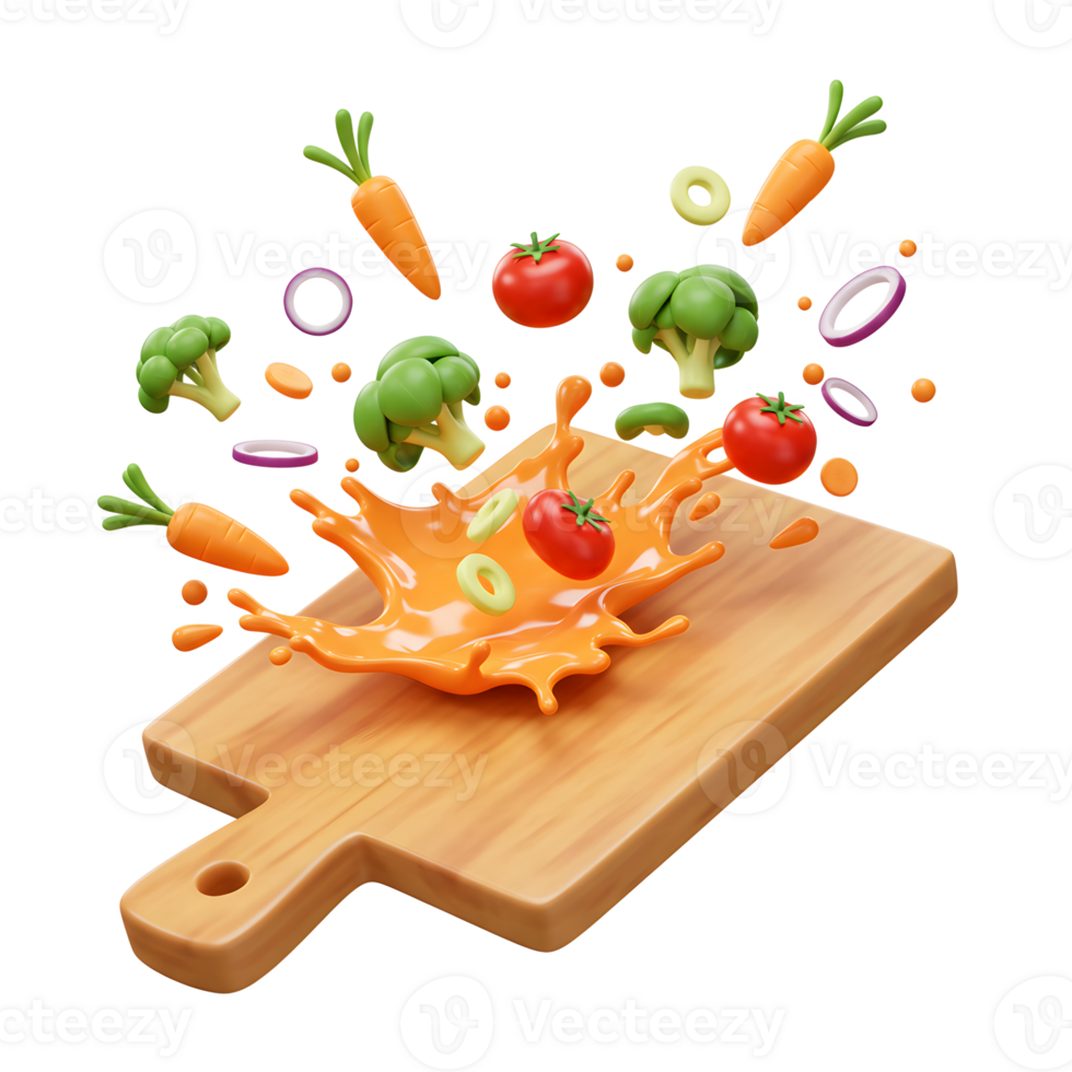 A wooden board has a splash of orange liquid on top with flying vegetables for food preparation. png