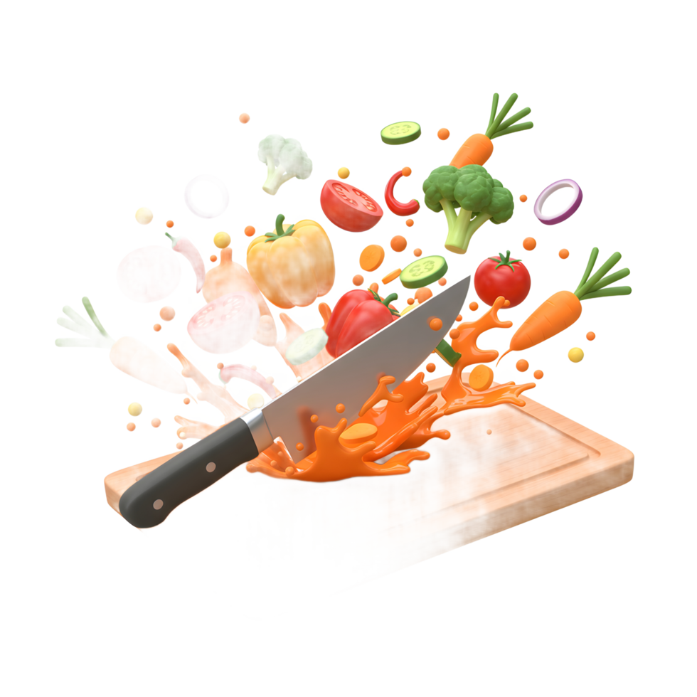A knife slices through a colorful array of vegetables on a wooden cutting board, creating a vibrant splash, ideal for illustrating healthy eating and cooking. png