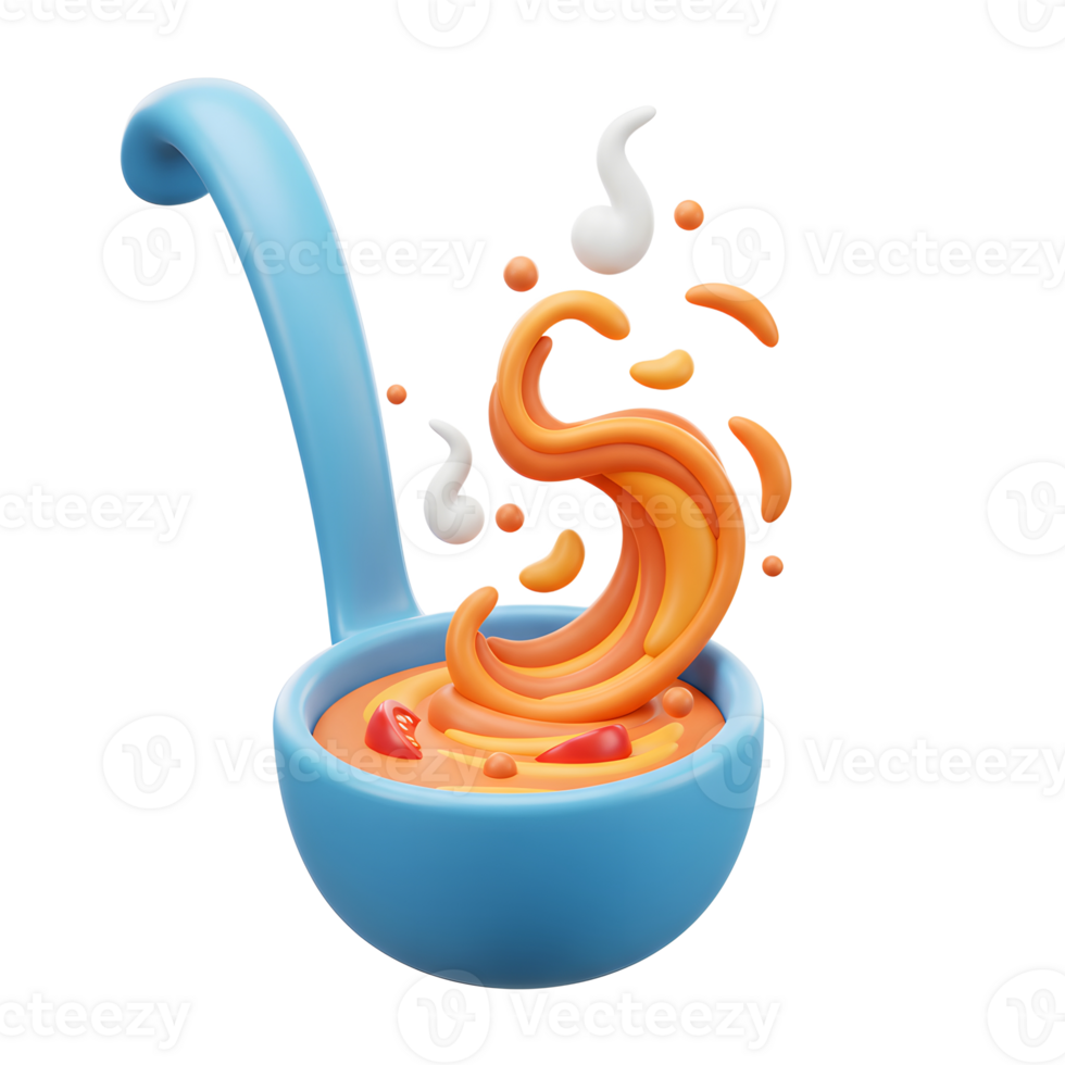 A 3D render presents a blue ladle filled with orange soup, garnished with tomato slices and rising steam, ideal for illustrating culinary concepts. png