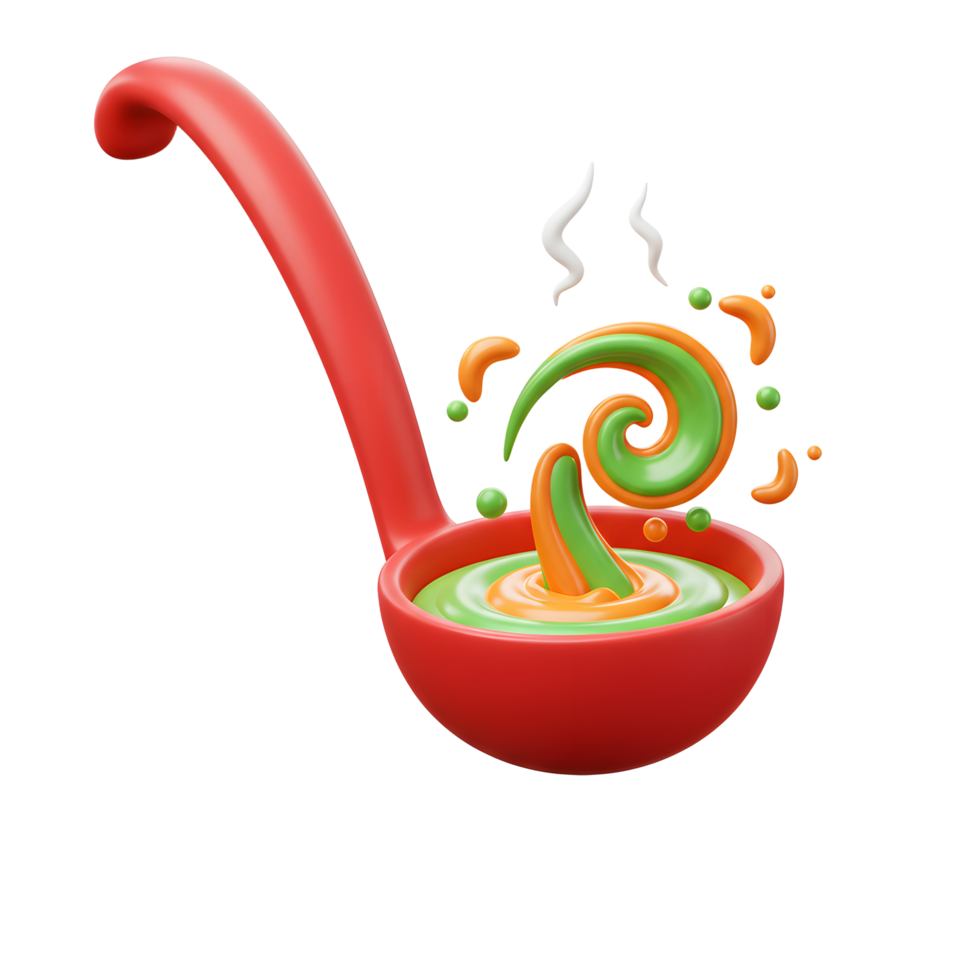A red ladle holds green and orange soup with a swirl emerging, indicating a culinary process for cooking. png