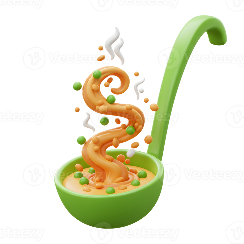 A green ladle contains soup with peas and small dough pieces, which could be used to illustrate food preparation or a healthy meal. png