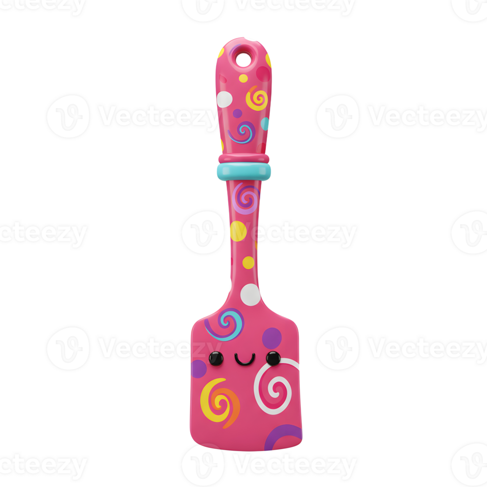 A pink spatula is decorated with colorful swirls and features a happy face, likely intended for use in a kitchen. png