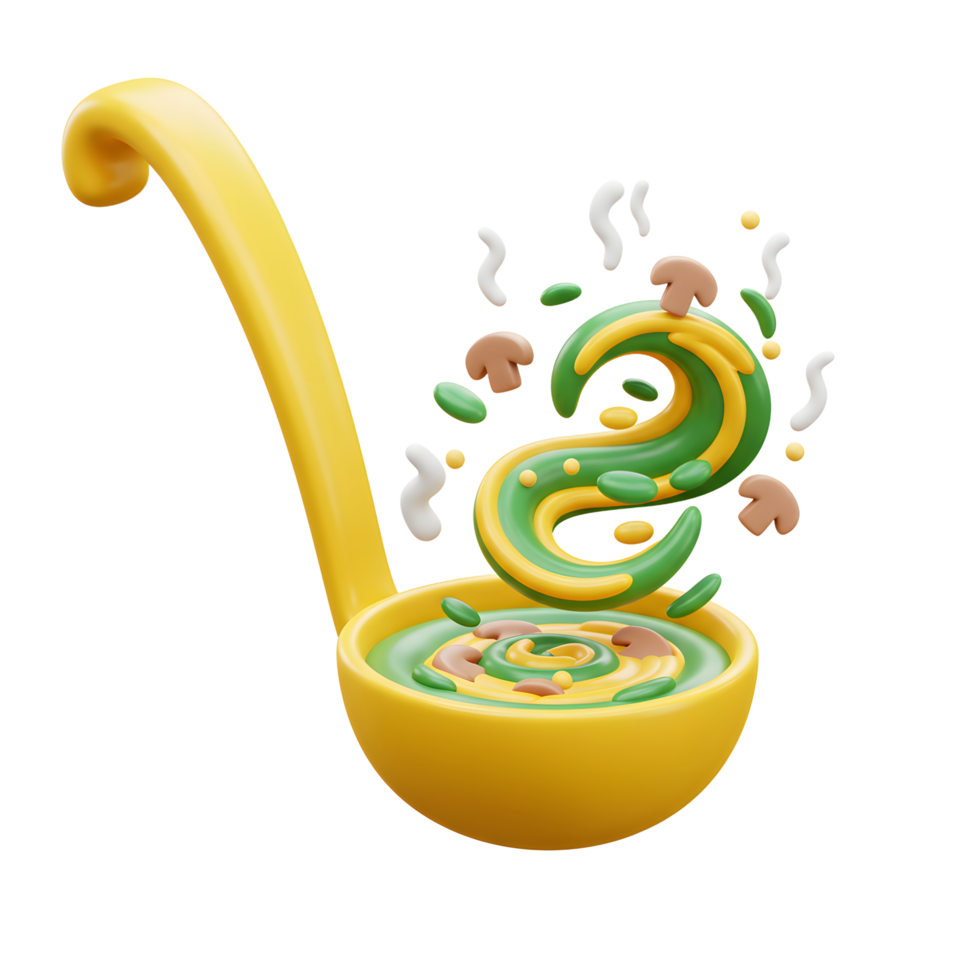 A yellow soup ladle holds a swirl of green and yellow topping with mushrooms and beans, used for food concepts. png