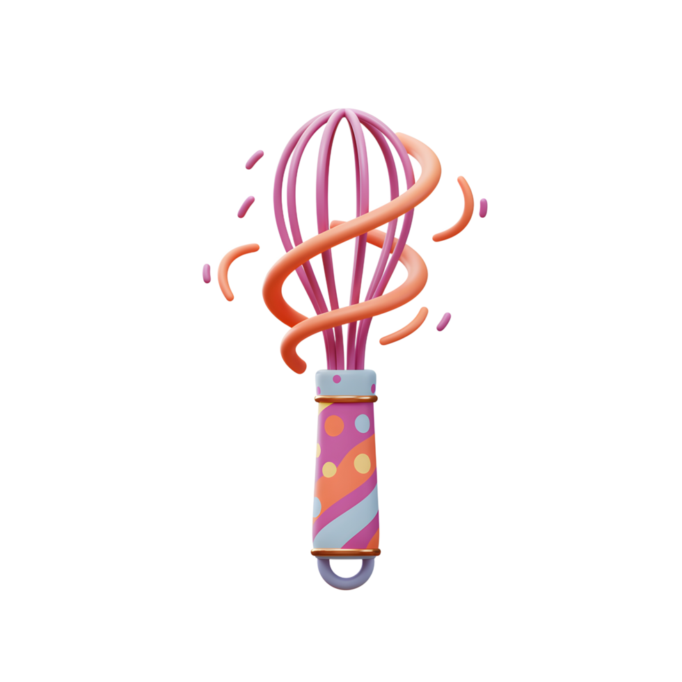 A pink whisk is decorated with an orange swirl design, creating a fun and playful aesthetic perfect for culinary projects. png