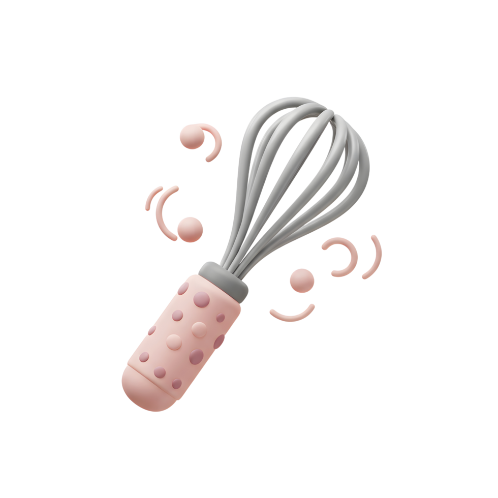 Pink whisk with polka dots is surrounded by small pink decorations and the image is a clean shot for culinary or baking website. png