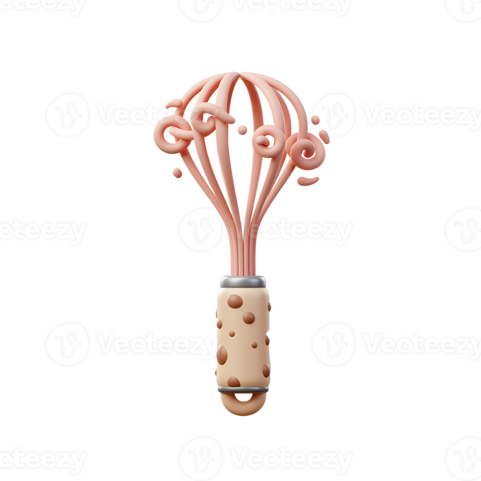 This is a 3D illustration of a pink whisk with brown polka dots on a white background, which can be used for baking or cooking concepts. png