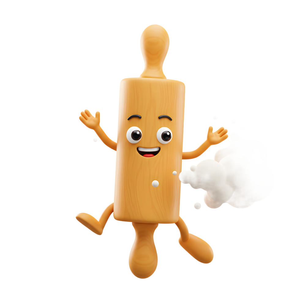 A happy rolling pin cartoon character is surrounded by clouds of flour, showing the joy of baking and cooking in a whimsical design. png