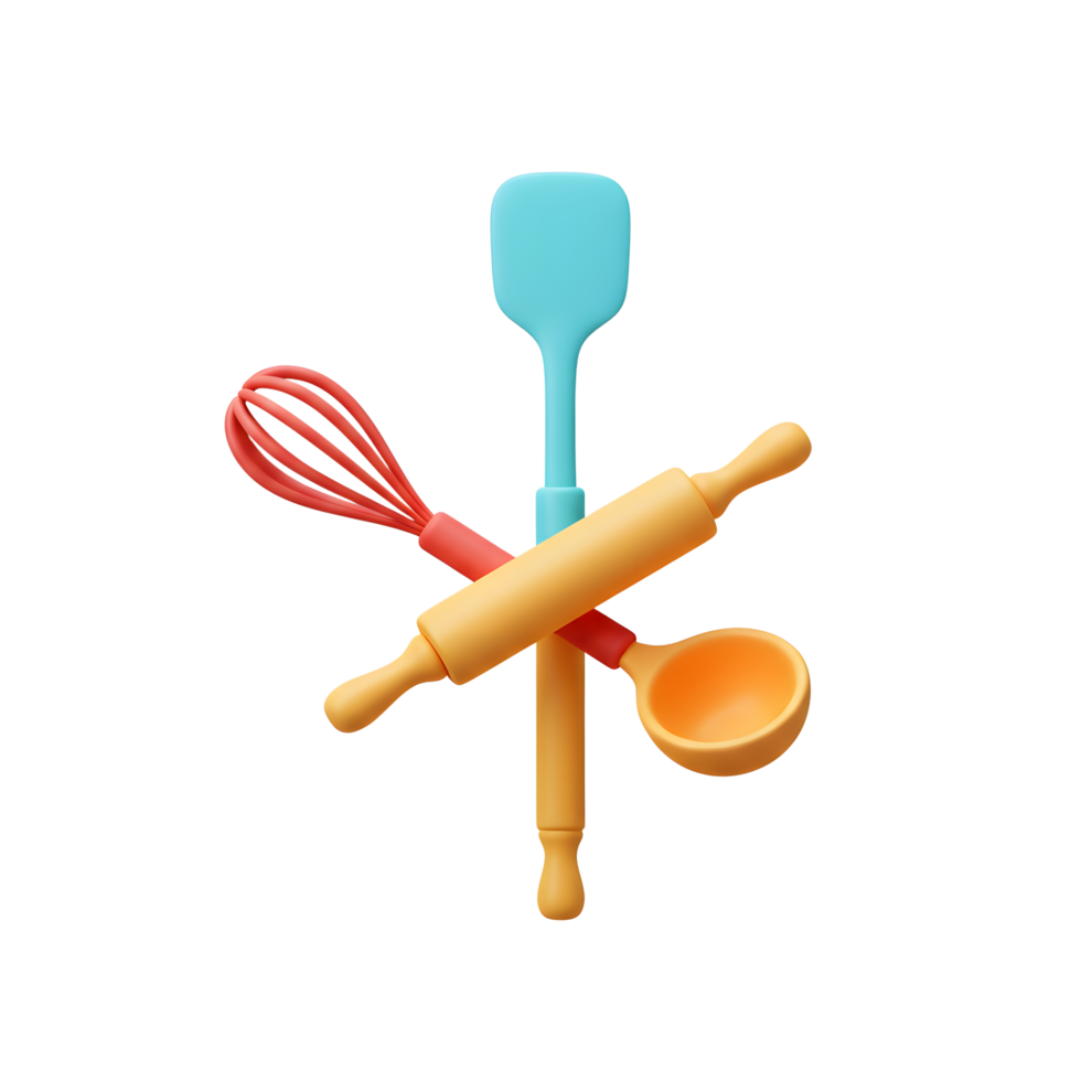 Several baking utensils including a rolling pin, whisk, spatula, and ladle are arranged in a creative composition on a white background for use in baking applications. png