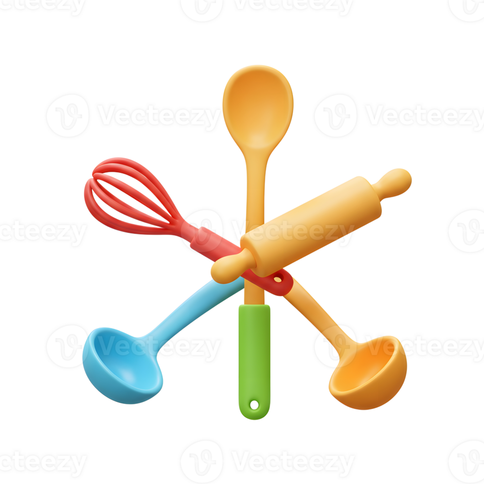 Colorful kitchen utensils including a spoon, whisk, rolling pin, and ladles are arranged in a playful composition for cooking and baking. png