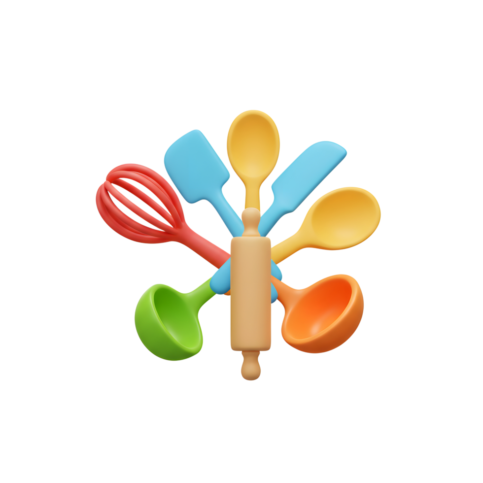 This image features kitchen utensils including a rolling pin, spatula, ladle, whisk, and spoon displayed in a colorful arrangement for cooking purposes. png