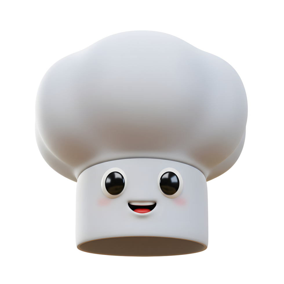 This is a cute 3D rendering of a chef hat with a happy expression, perfect for adding a fun and playful touch to culinary-themed designs. png