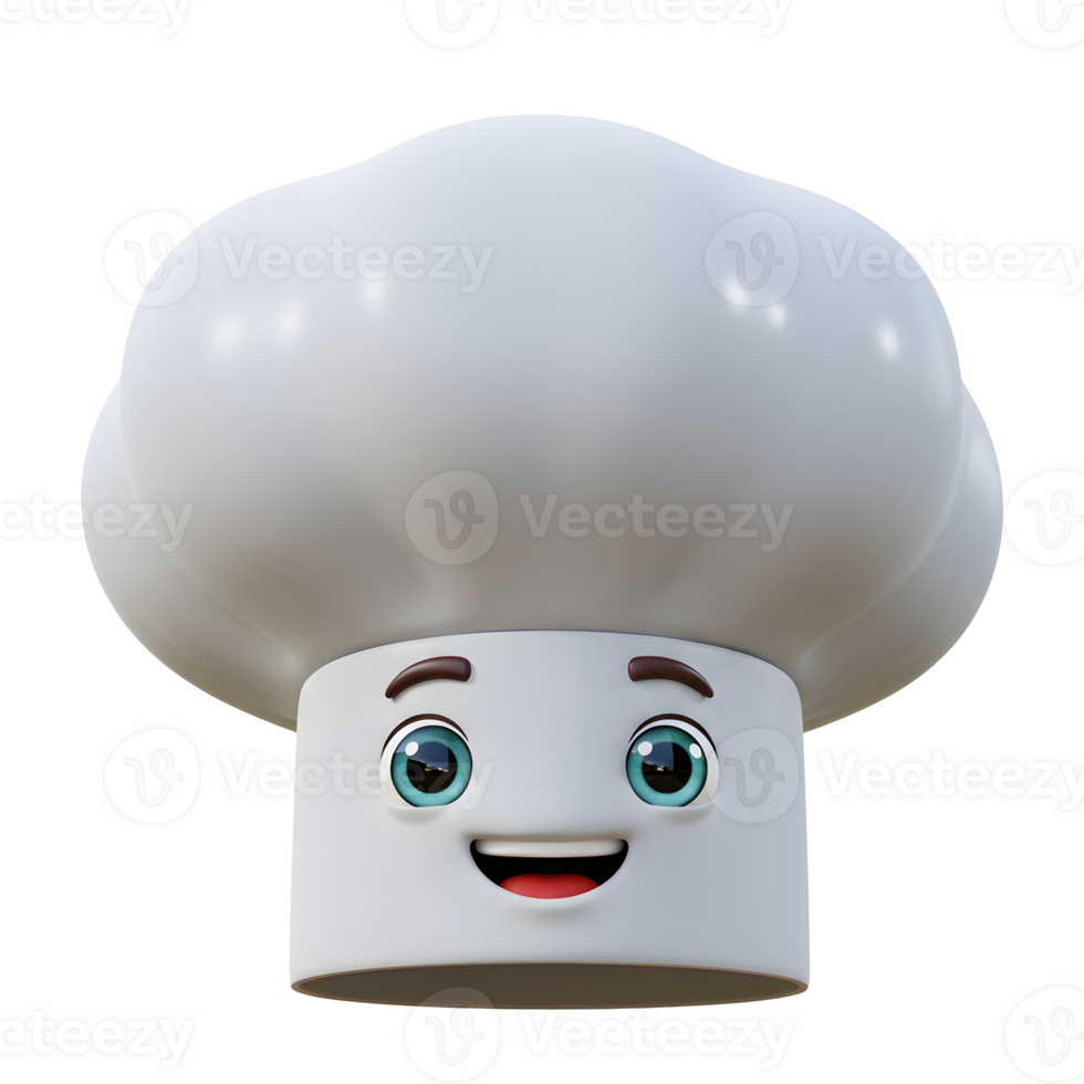 A chef hat character with eyes and eyebrows smiles cheerfully, making it suitable for illustrating culinary themes or representing cooking concepts. png