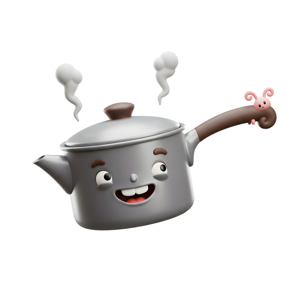 A cute cartoon pot is steaming with a small bunny on the handle, perfect for illustrations. png