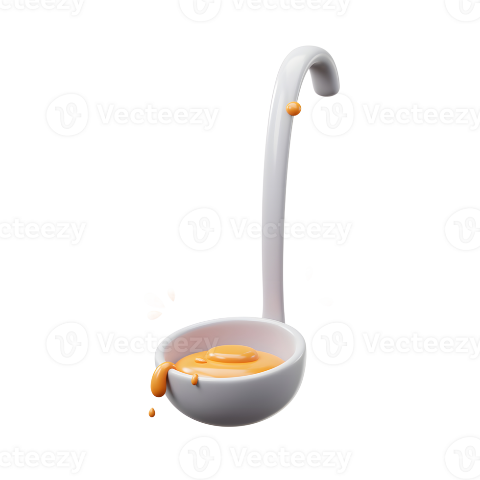 A white ladle contains an orange liquid with a few drops around, perfect for recipes and cooking. png