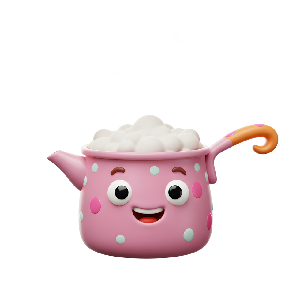 A pink pot with a smiling face is releasing white bubbles, which can be used to illustrate boiling liquid. png