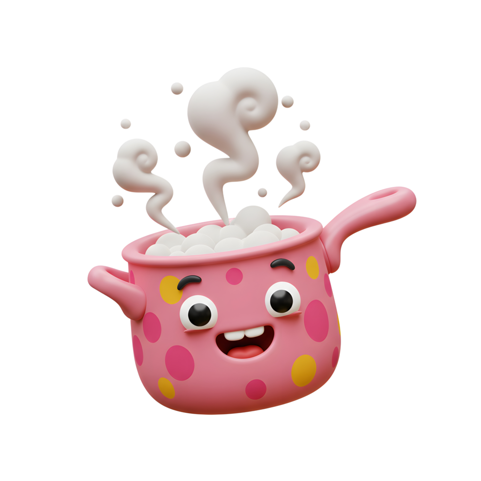 A happy pink cartoon pot is shown steaming with round contents, often used for cooking. png