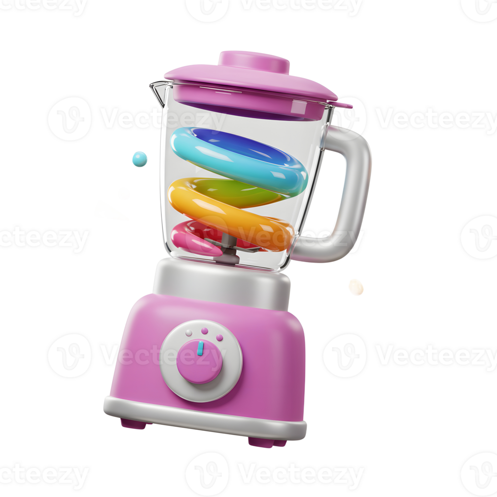 A pink blender contains colorful rings, accompanied by floating geometric shapes, representing playful cooking or blending exercises. png