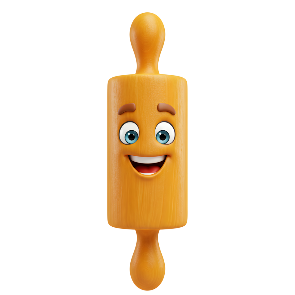 A cartoon rolling pin with a smiling face is featured in a brightly lit studio shot, perfect for adding a playful touch to cooking and baking projects. png