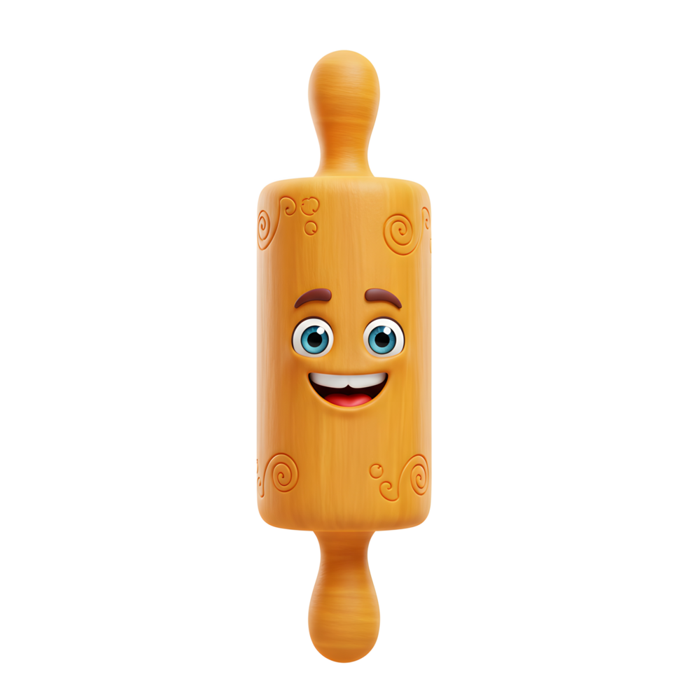 A cartoon rolling pin with a smiling face is standing upright against a white backdrop and can be used for baking. png