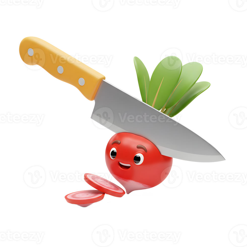 A cute cartoon radish is being sliced by a knife, showing slices on a white background, for cooking or food related purposes. png