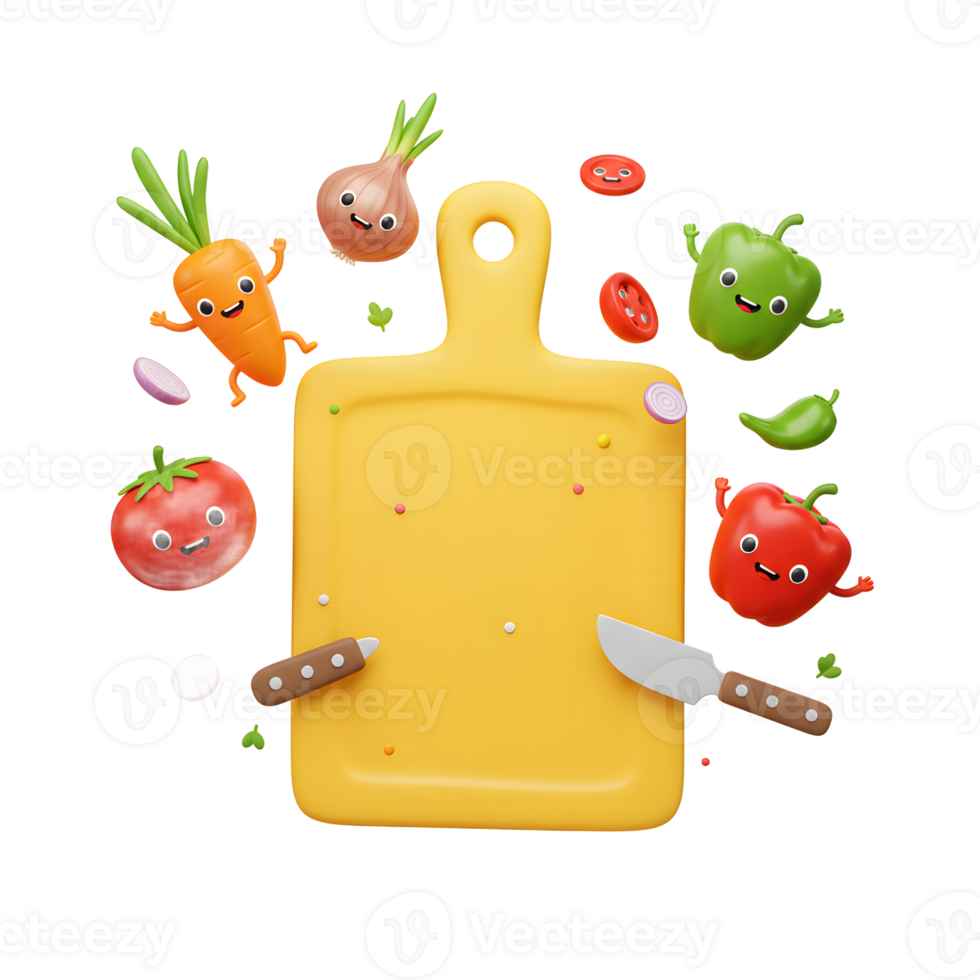 Cartoon vegetables float around a yellow cutting board and knife to be used for cooking preparations. png