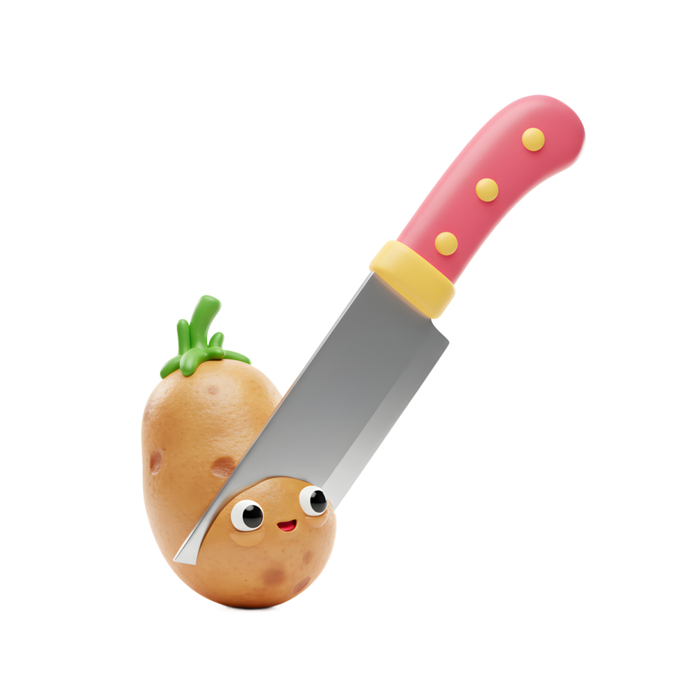 A cartoon potato with a face is about to be cut in half by a knife, adding a playful element to cooking content. png
