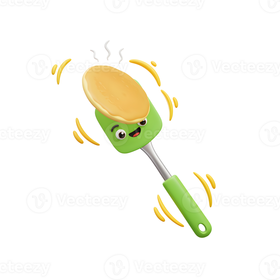 An illustration of a pancake is being flipped on a green spatula with a smiling face, surrounded by motion lines, to depict cooking. png