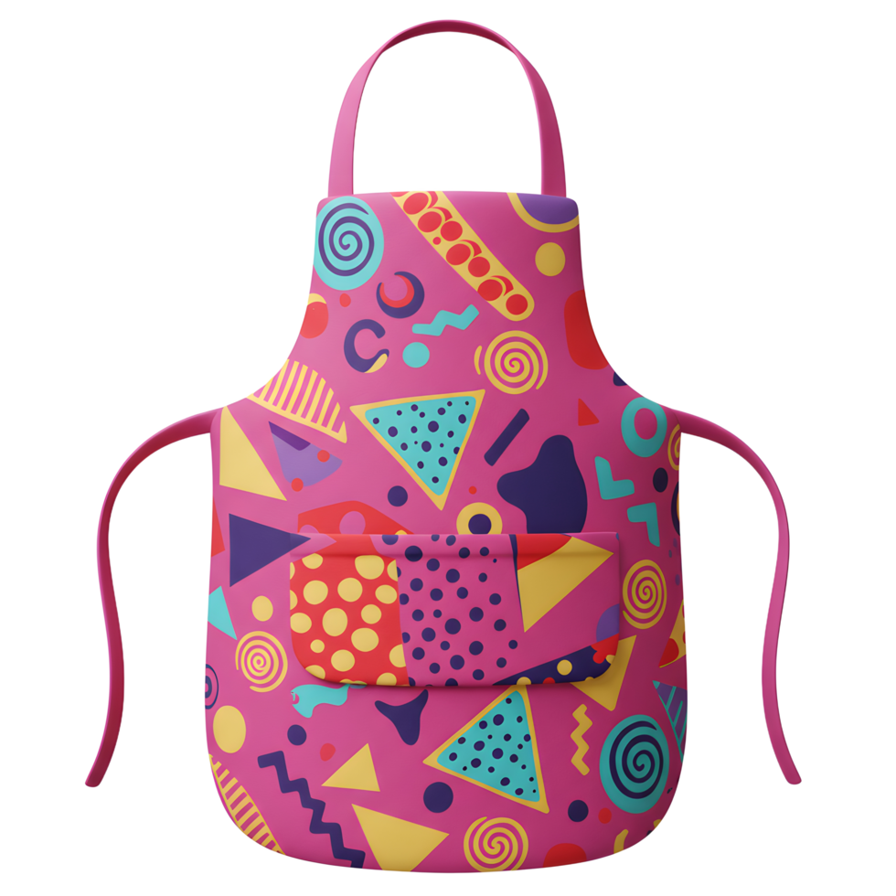 A pink apron features a vibrant geometric pattern including triangles, circles, and squares, ideal for use while cooking or crafting. png