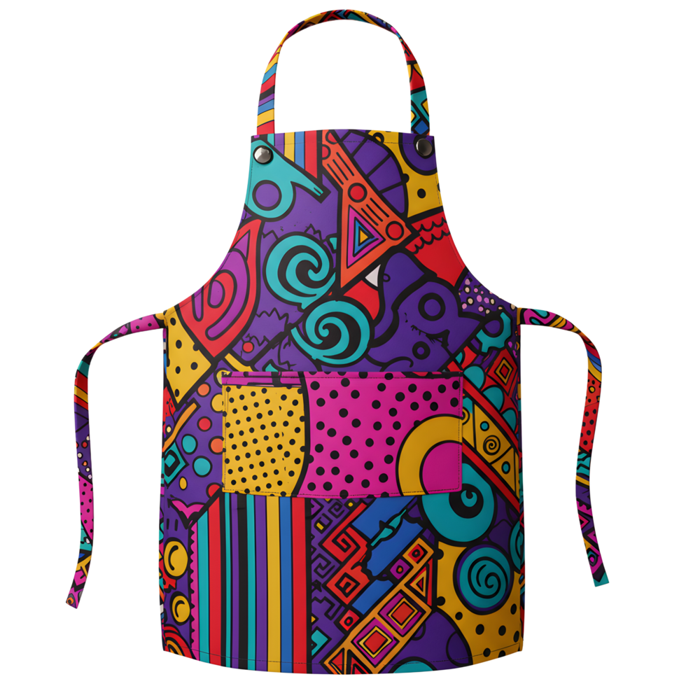 A vibrant apron featuring an abstract pattern with geometric shapes and colorful details is perfect for cooking. png