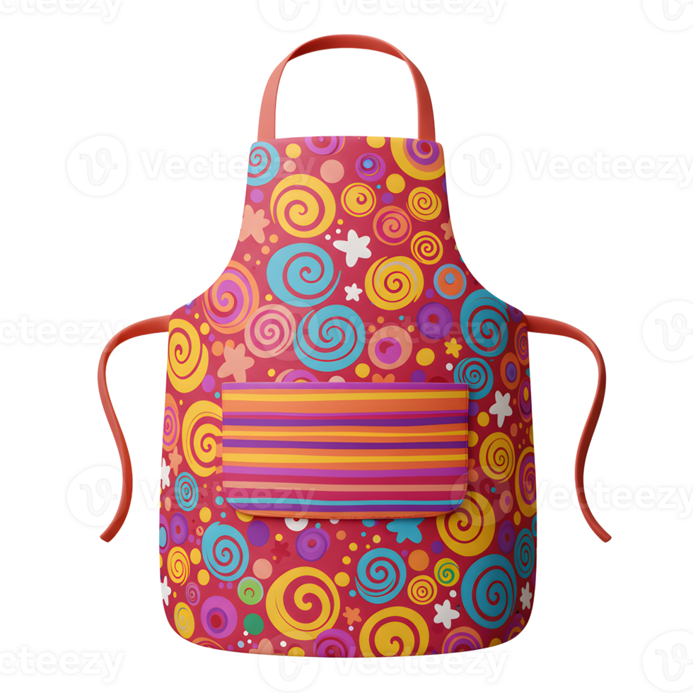 A red apron features a colorful swirl and star pattern with a striped pocket, intended for use while cooking or crafting. png