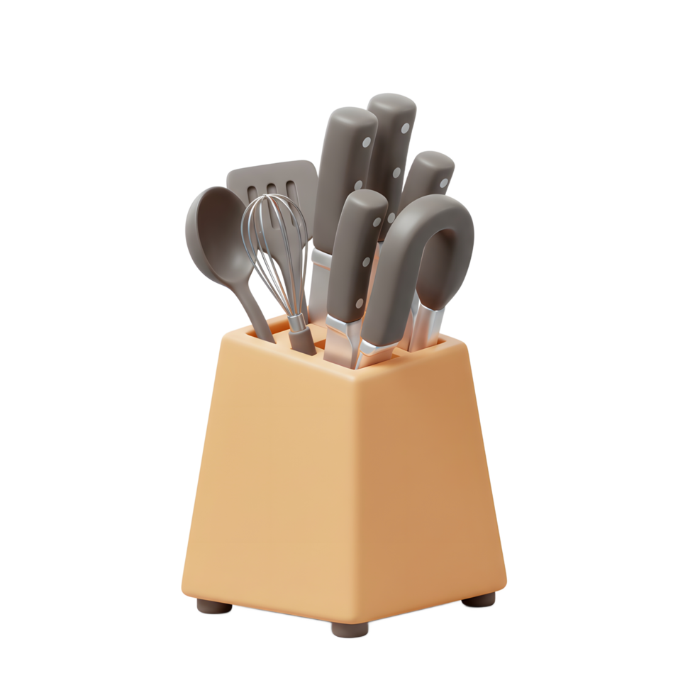 Various kitchen utensils are stored inside a tan holder, ready for cooking and food preparation. png