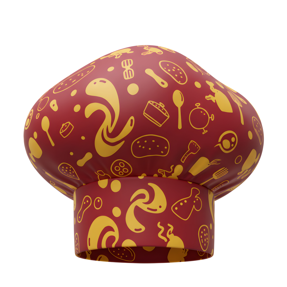 A red chef hat is decorated with yellow icons of cooking tools and food, great for representing culinary arts or a chef's profession. png
