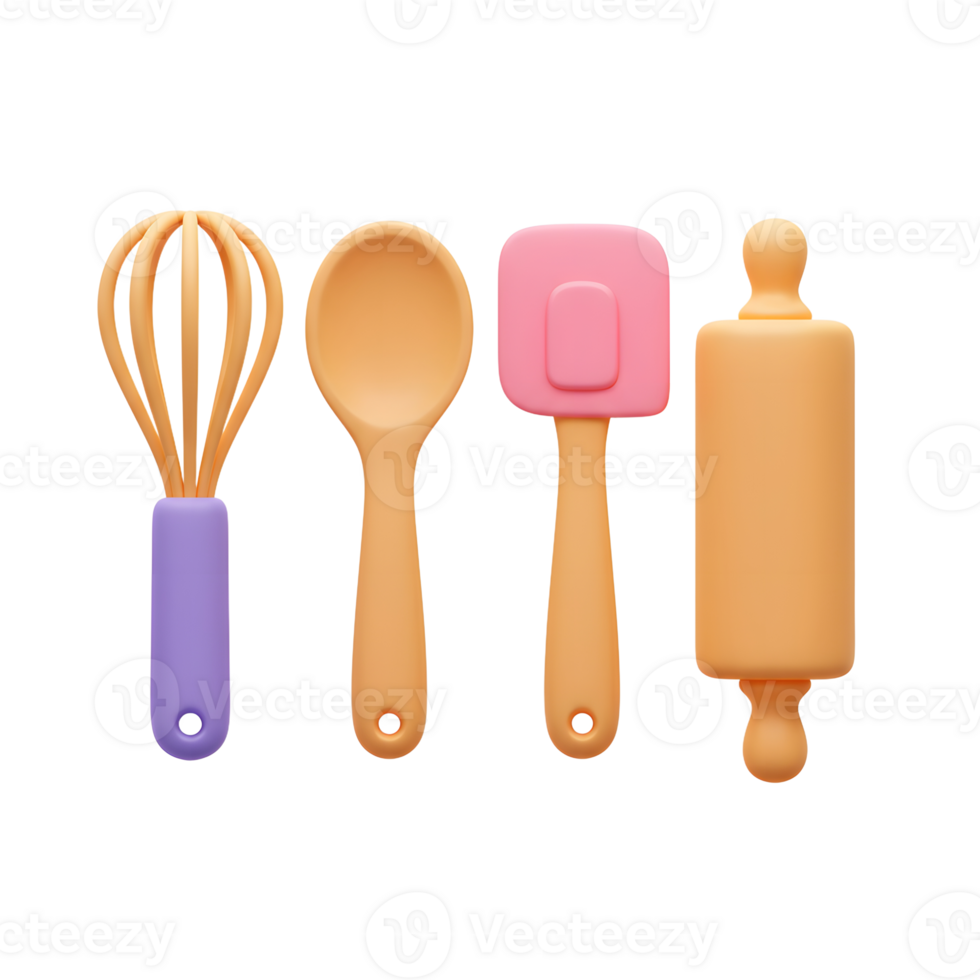 A set of kitchen utensils including a whisk, spoon, spatula, and rolling pin are arranged against a white background for cooking and baking. png