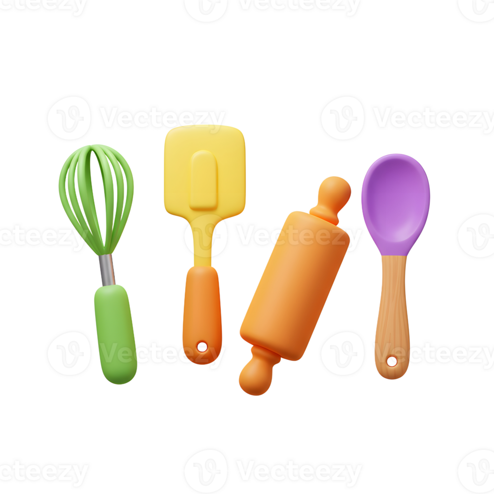 A colorful cartoon kitchen utensil set including a whisk, spatula, rolling pin, and spoon is great for mixing, baking, and cooking. png