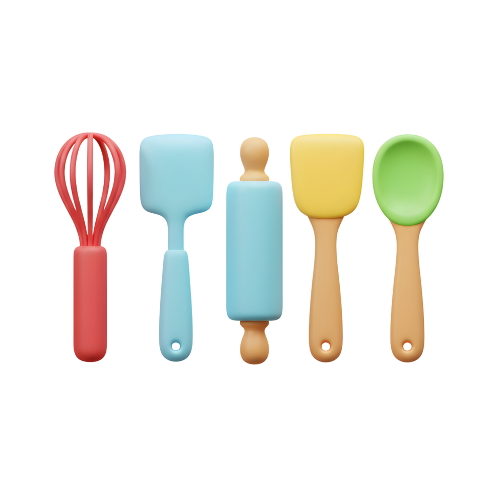 A 3D rendered image showcases a set of kitchen utensils, including a whisk, spatula, rolling pin, and spoon, perfect for baking and cooking. png