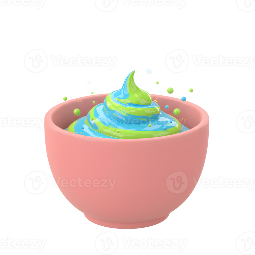 A pink bowl holds swirled blue and green frosting, surrounded by small blue and green orbs, which can be used for dessert or celebration imagery. png