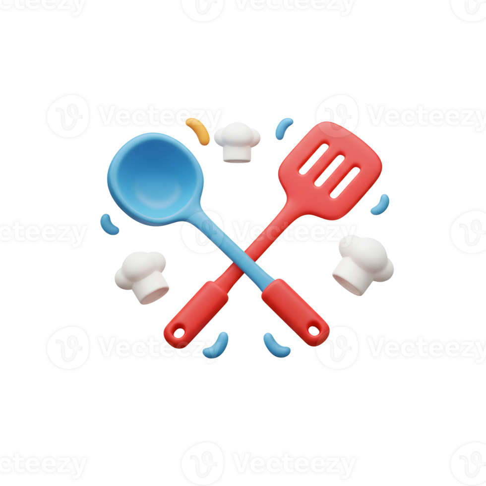 A blue ladle and red spatula are crossed with chef hats around it in this 3D rendering, for cooking or culinary purposes. png