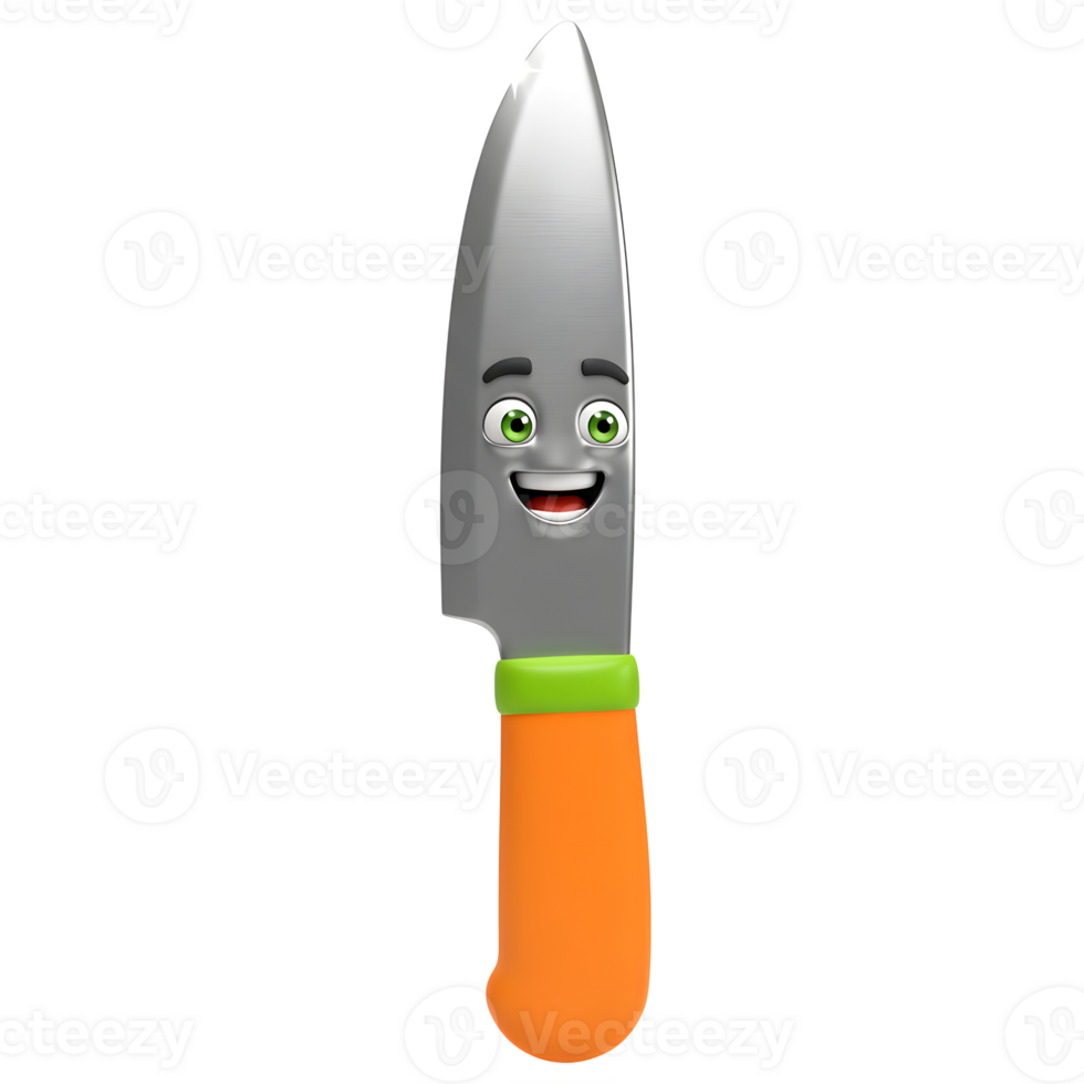 A cartoon knife with a smiling face, orange handle, and green accent appears against a white background, ideal for illustrating cutlery concepts. png