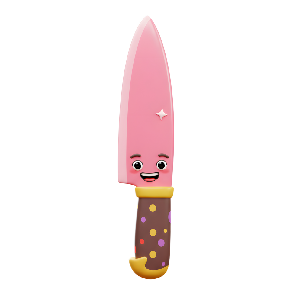 This is a 3D render of a cartoon pink knife with a face and a colorful, polka-dotted handle that can be used for children's illustration. png